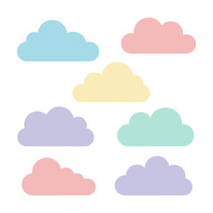 Obraz premium Set of whimsical fluffy blue clouds with rounded shapes and solid colors isolated on a white background. Minimalist weather and sky design concept