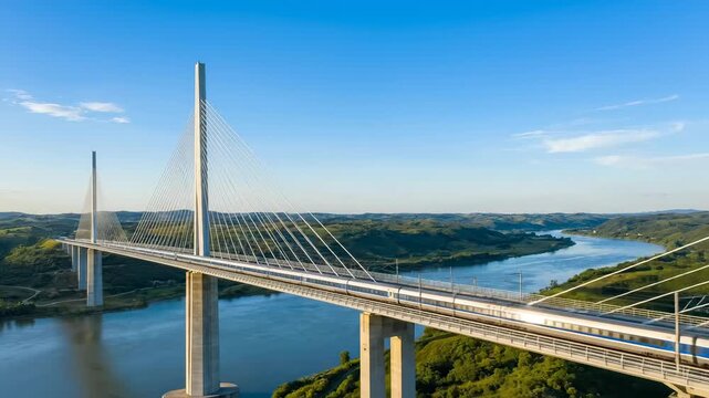 High-Speed Train Crossing a Modern Cable-Stayed Bridge Over a Scenic River
