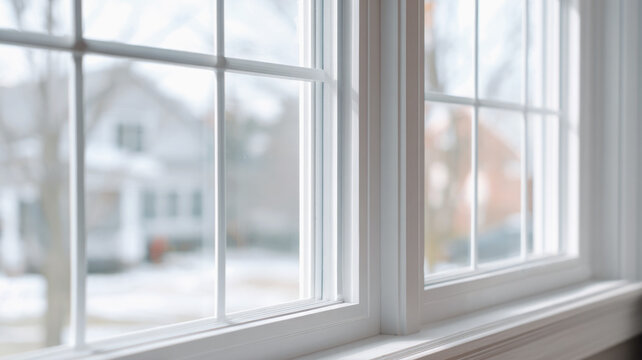 Close-up view of white framed double-hung windows with a blurred snowy suburban neighborhood scene visible through the glass panes.