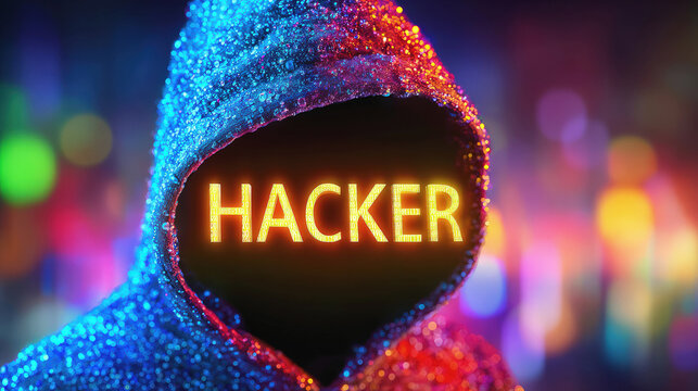 A hooded figure covered in colorful glittering droplets has the glowing word HACKER displayed where the face should be.