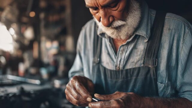Elderly craftsman with weathered hands meticulously working on a small object in his workshop