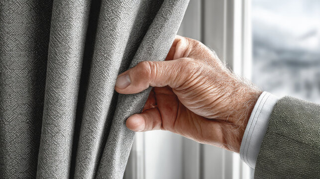 An elderly man's weathered hand pulls back a textured gray curtain to peek through a bright window outside.