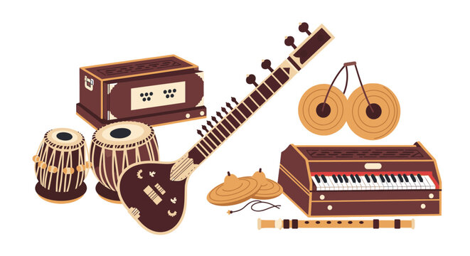 Collection of Indian musical instruments including sitar, tabla, harmonium, flute, and cymbals on a white background
