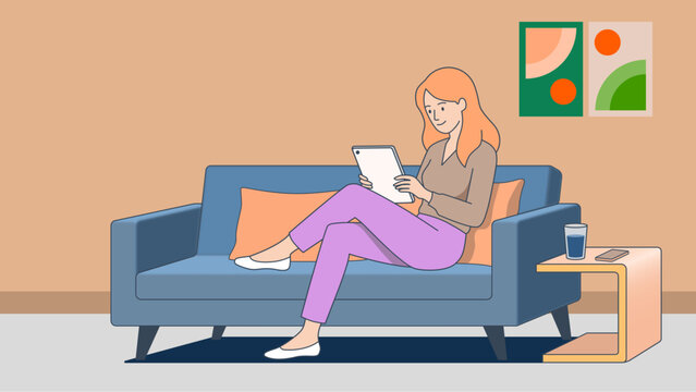 Young Woman using Tablet on Sofa Vector Illustration