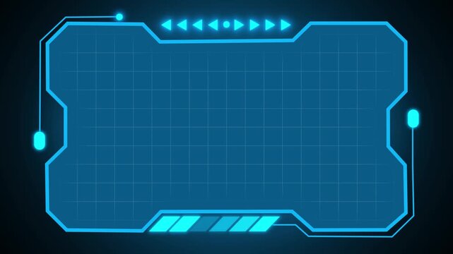 Digital hud animation with navigation arrows. Digital hud advanced technology interface. Digital hud grid layout display graphic on black background.