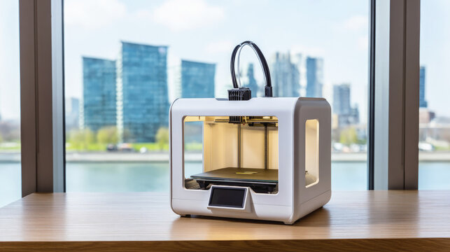A modern white desktop 3D printer sits on a wooden surface near a window overlooking a city skyline.