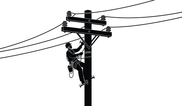 lineman working on utility pole black silhouette illustration against a white background electrical power line maintenance high quality professional detailed modern elegant stylish clean