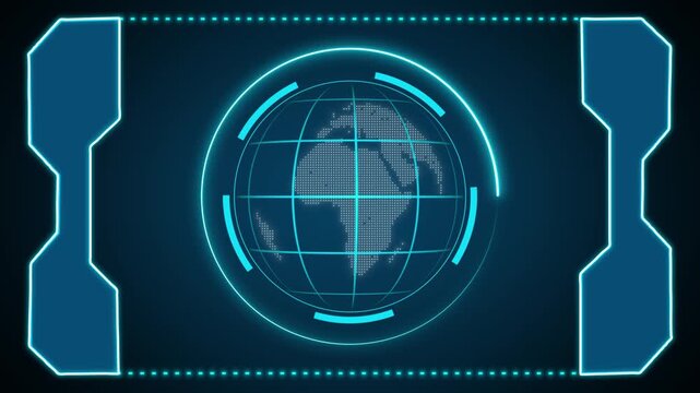 Digital globe animation with blue tech elements. Digital globe global network interface. Digital globe technology graphic on black background.