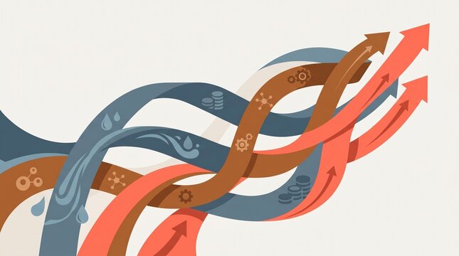 Minimalist flat vector abstract illustration of intertwined rising arrows with small business icons representing complex business growth synergy and convergent paths to success