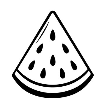 A black and white illustration of a slice of watermelon with seeds on a plain background