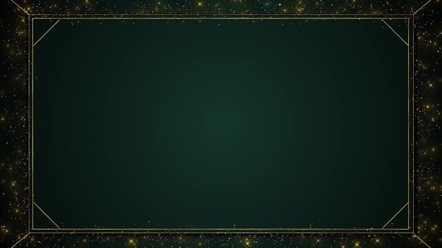 Luxury gold border frame green center sparkling particles, elegant corners, and premium festive style. invitation videos, award titles, wedding screens, event promos, luxury branding, and title cards.