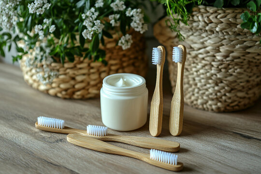 Bamboo Toothbrush and Eco-Friendly Toothpaste on Wooden Surface Promoting Sustainable Oral Care, Generative AI