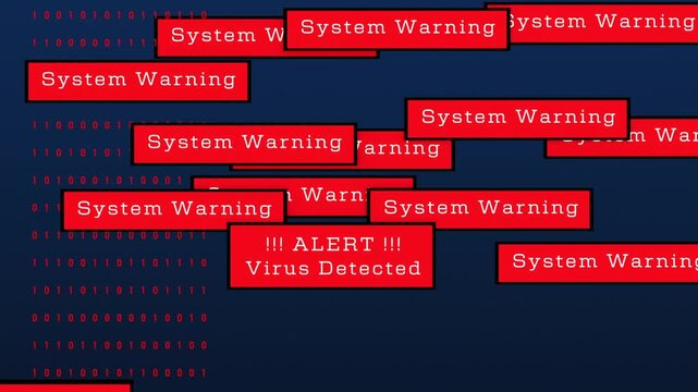 Close-up computer screen with system warning signs, cyber crime, system is hacked, unauthorizes access, virus detected. Data breach, computer attack, spyware, identity theft, network security, privacy