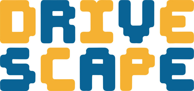 Drivescape pixelated typography t-shirt design in alternating blue and yellow colors