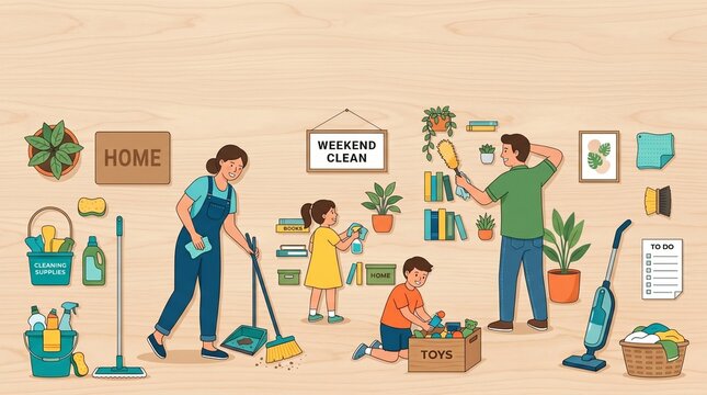 A happy family works together on a weekend clean, sweeping, dusting, and organizing toys in a bright, modern home illustration filled with plants and cleaning supplies.