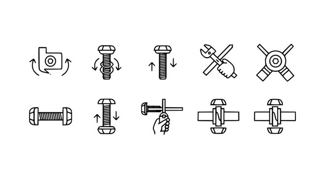 Set of mechanical hardware icons featuring bolts nuts screws wrench tools and technical assembly instructions in thin line vector style for industrial maintenance and engineering.