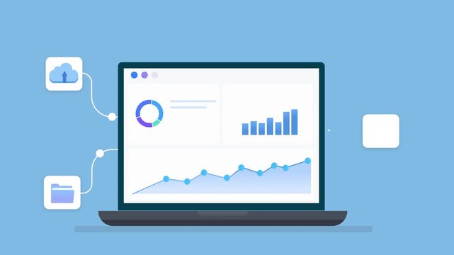 Animated flat illustration of a laptop displaying analytics charts with cloud upload and file icons, representing cloud storage, data management, and digital workflow.