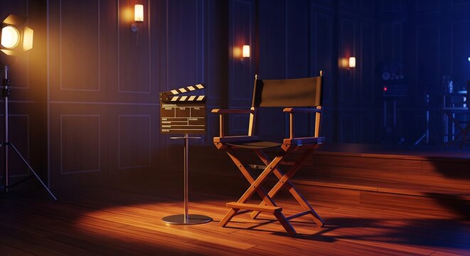 Professional film studio set with a classic director's chair and a prominent clapperboard illuminated by dramatic golden spotlights and cool blue stage lighting on a dark wooden floor creating