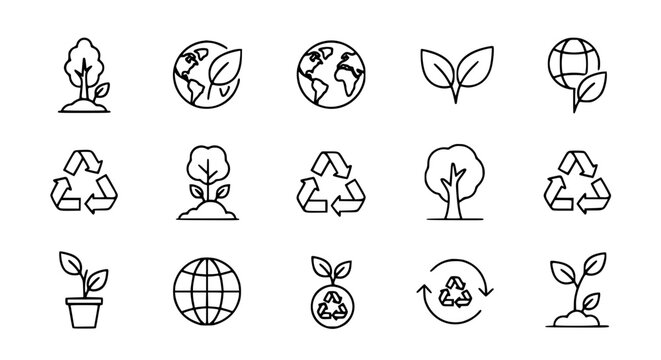 Set of ecology and environmental sustainability icons featuring recycle symbols green leaves earth globes and growing plants in thin line vector style for eco friendly concepts.