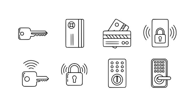 Smart home security and digital access control vector icon set featuring traditional keys, smart cards, electronic locks, keypad entry, and mobile phone security app for modern house protection.