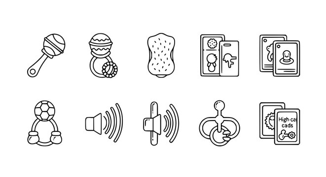 Set of baby sensory development toys and high contrast flashcards icon vector illustration featuring rattle teether sponge and educational visual stimulation tools for newborns and infants.