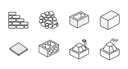 Construction materials and building blocks vector icon set featuring brick walls, concrete cinder blocks, stone masonry, and paving tiles for architecture and civil engineering concepts. © Sujon Shah
