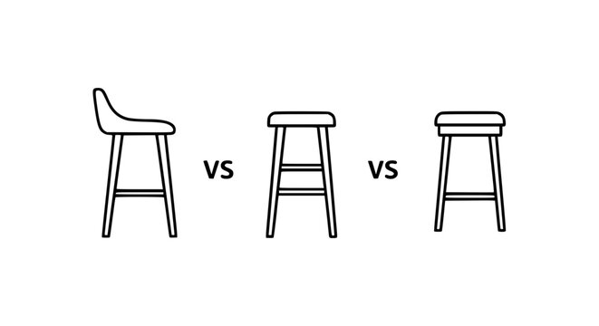 Bar stool types comparison vector icon set featuring backrest, low back and backless designs for kitchen counter, pub and restaurant furniture.