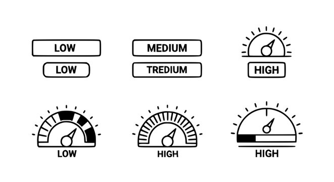 Risk level meter and speedometer vector icon set featuring low, medium, and high indicators with gauges and scale dials for performance, credit score, and business dashboard concepts.