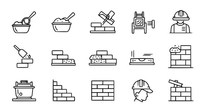 Construction and masonry work vector icon set featuring bricklaying tools mortar mixing spirit level and building workers for architecture and home renovation concepts.