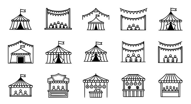 Circus tent and carnival festival vector icon set featuring amusement park stalls fairground booths and festive bunting flags for entertainment and celebration concepts.