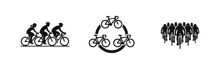 Obraz premium Minimalist black and white vector icon set featuring groups of cyclists, a peloton, and a bicycle circle symbol for sports and eco-friendly themes.