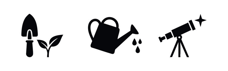 Minimalist black icons representing hobbies: gardening with a trowel, plant, and watering can, and astronomy with a telescope and star. © Lili