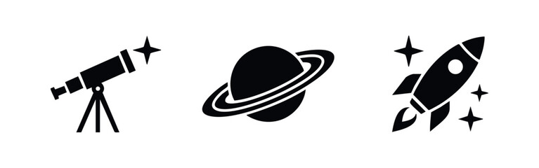 Collection of simple black space icons featuring a telescope, ringed planet, and rocket ship. Ideal for astronomy and exploration designs. © Lili