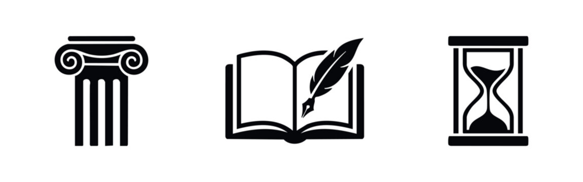 Minimalist black icon set including a classical ionic column, an open book with a quill pen, and an hourglass, symbolizing history, law, and time.