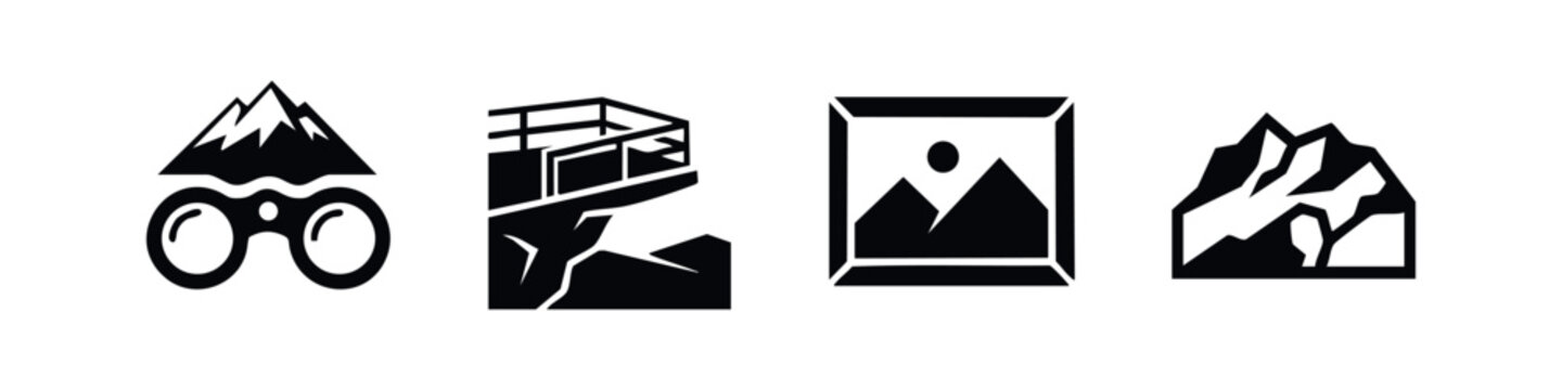 Minimalist vector icon set featuring mountain landscapes, binoculars, a scenic viewpoint, and framed art. Ideal for travel and outdoor branding.