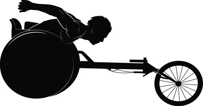 A black vector illustration featuring the vintage silhouette of a motorcycle wheel and a bicycle rickshaw used for the transportation of a disabled child or elderly person sitting in a carriage