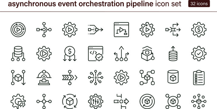 Asynchronous event orchestration pipeline icon set with workflow automation data integration line vector icons for web apps dashboards UI