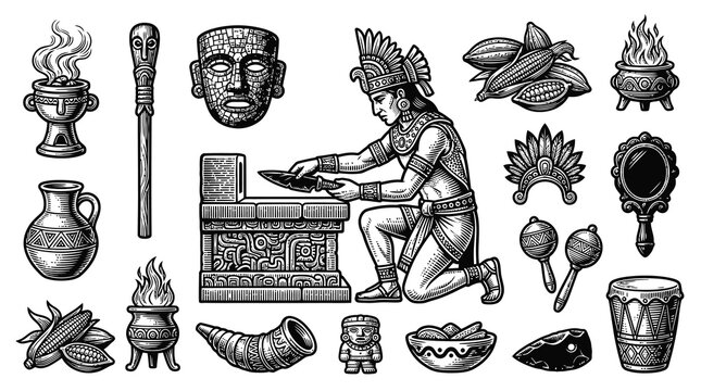 Ancient Mesoamerican Culture Engraving Vector Set: Maya, Aztec Civilization Artifacts  Symbols. Detailed Black and White Historical Line Art.