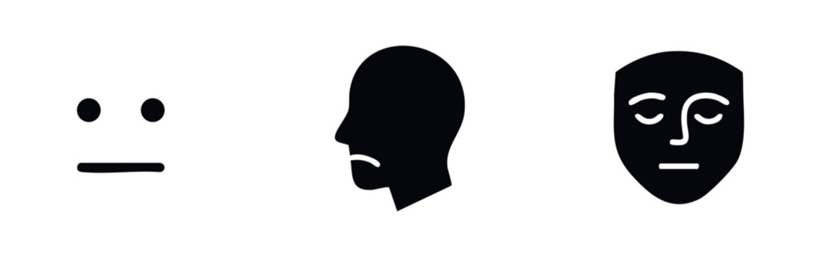 Collection of minimalist black icons representing neutral and sad facial expressions, head silhouette, and mask on a clean white background.