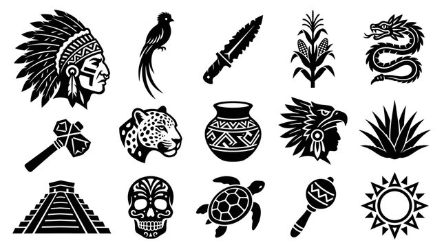 Mesoamerican and Native American Culture Glyph Icons Set. Ancient Aztec Mayan Symbols Collection: Quetzalcoatl, Pyramid, Jaguar, Chief, Maraca, Agave, Skull.