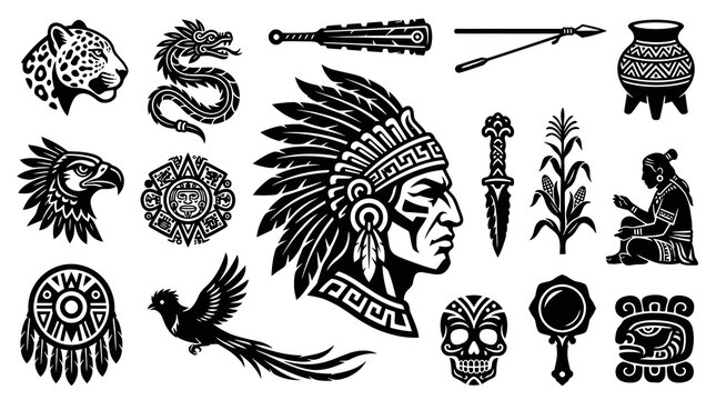 Indigenous American and Mesoamerican Culture Vector Icons Set. Black  White Tribal Art Glyph Collection with Animals, Ancient Symbols, and Historical Artifacts.