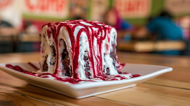 Rich chocolate cake with white frosting and berry drizzle layer cake chocolate frosting