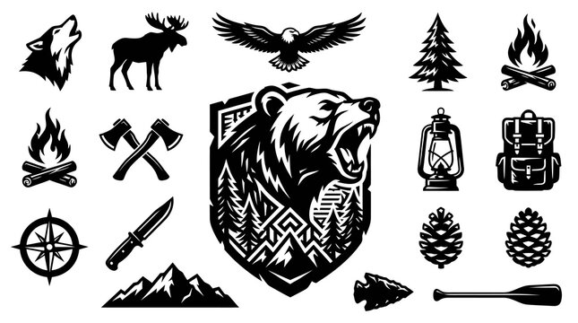 Outdoor Adventure and Wilderness Survival Black and White Glyph Icon Set. Rustic Camping, Hiking, Hunting, and Nature Elements Collection.