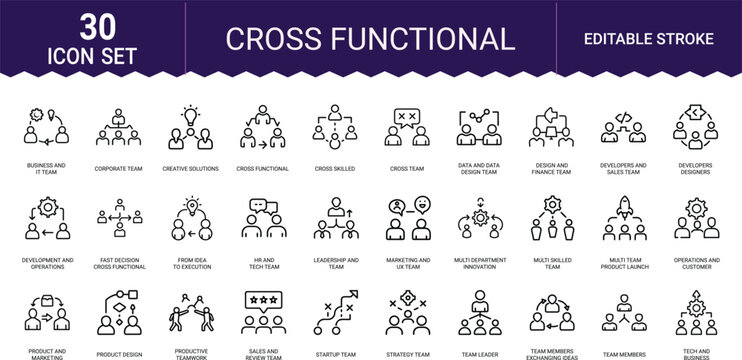 Cross functional team icon set representing business collaboration and corporate success.