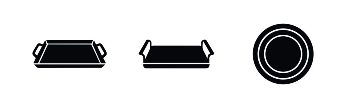 Set of three minimalist black icons depicting a rectangular serving tray with handles, a baking pan, and a round plate on a white background.