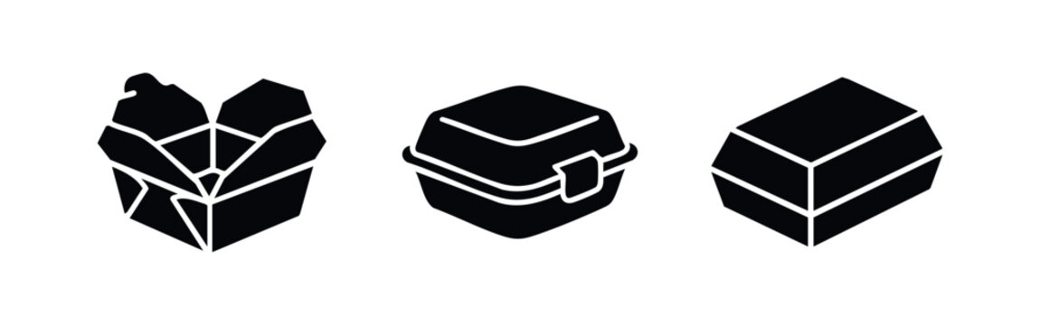 Set of black silhouette icons of food packaging containers, including a takeout noodle box, a burger clamshell, and a closed cardboard paper box.