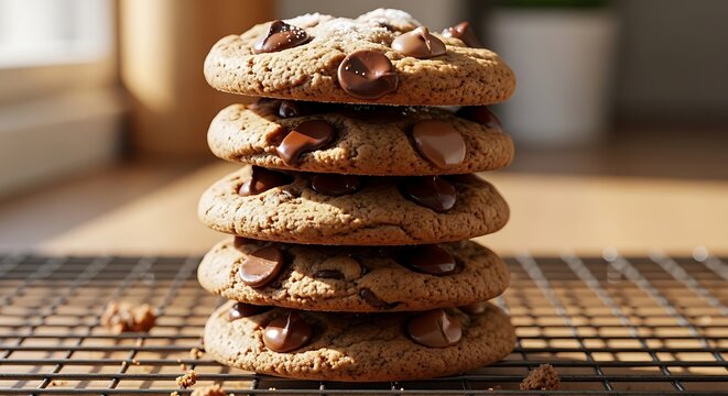 Stack of freshly baked chocolate chip cookies.