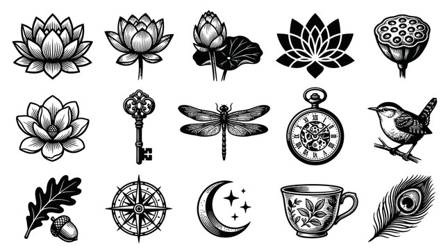 Vintage Engraved Black and White Line Art Illustrations Collection: Lotus Flowers, Dragonfly, Bird, Key, Pocket Watch, Compass, Nature Symbols