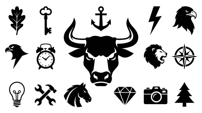 Black Glyph Icons: Bull Head, Lion, Eagle, Key, Anchor, Camera, Tree, Diamond, Lightbulb, Wrench, Horse, Compass, Oak Leaf, Lightning Bolt, Alarm Clock