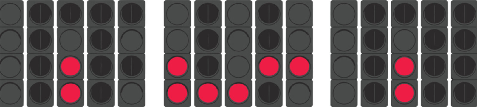 A 3d icon of a stoplight with black and red housing and black and white stripes features a red warning signal and green safety light to control road traffic